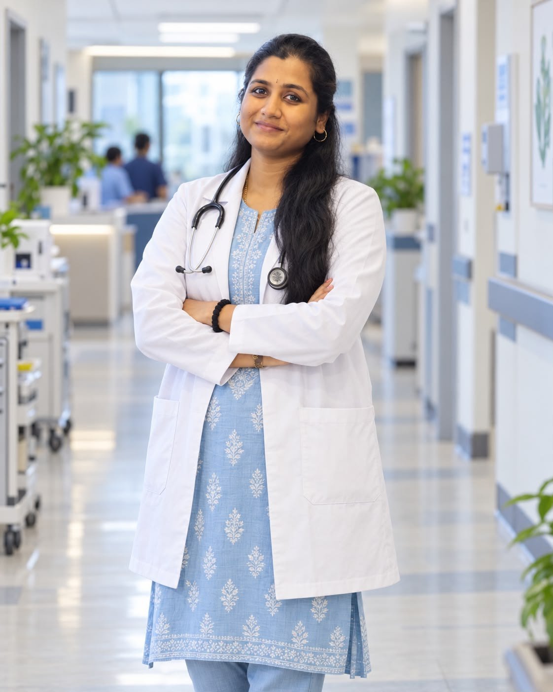 Dr. Pranathi in a hospital corridor, arms folded