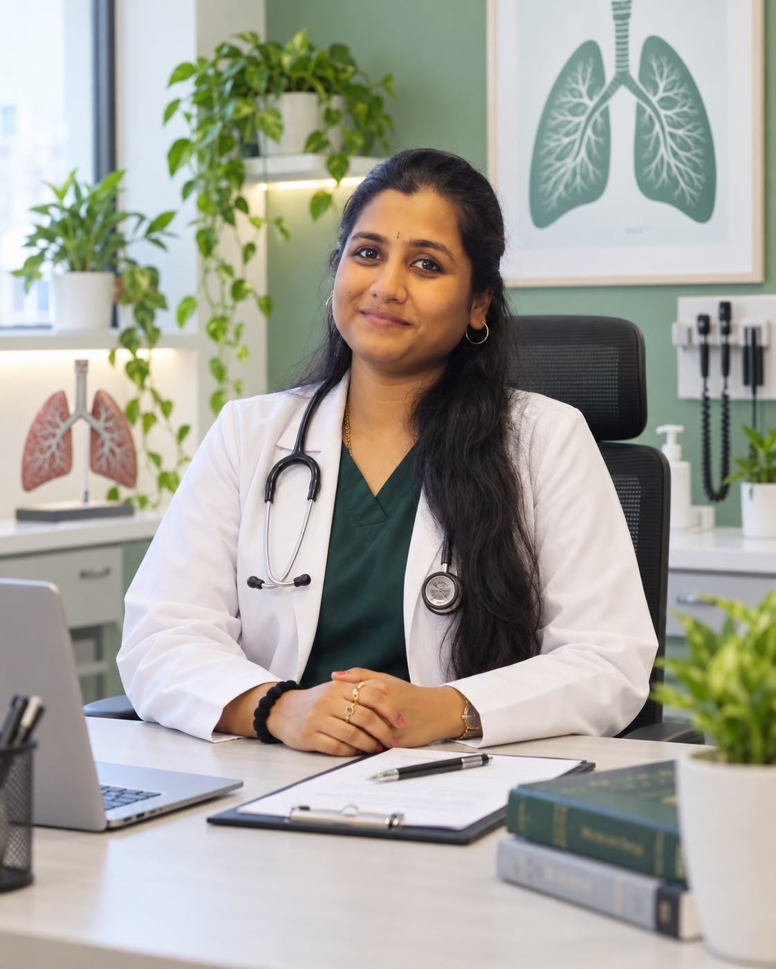 Dr. Pranathi at her desk with a laptop and notes
