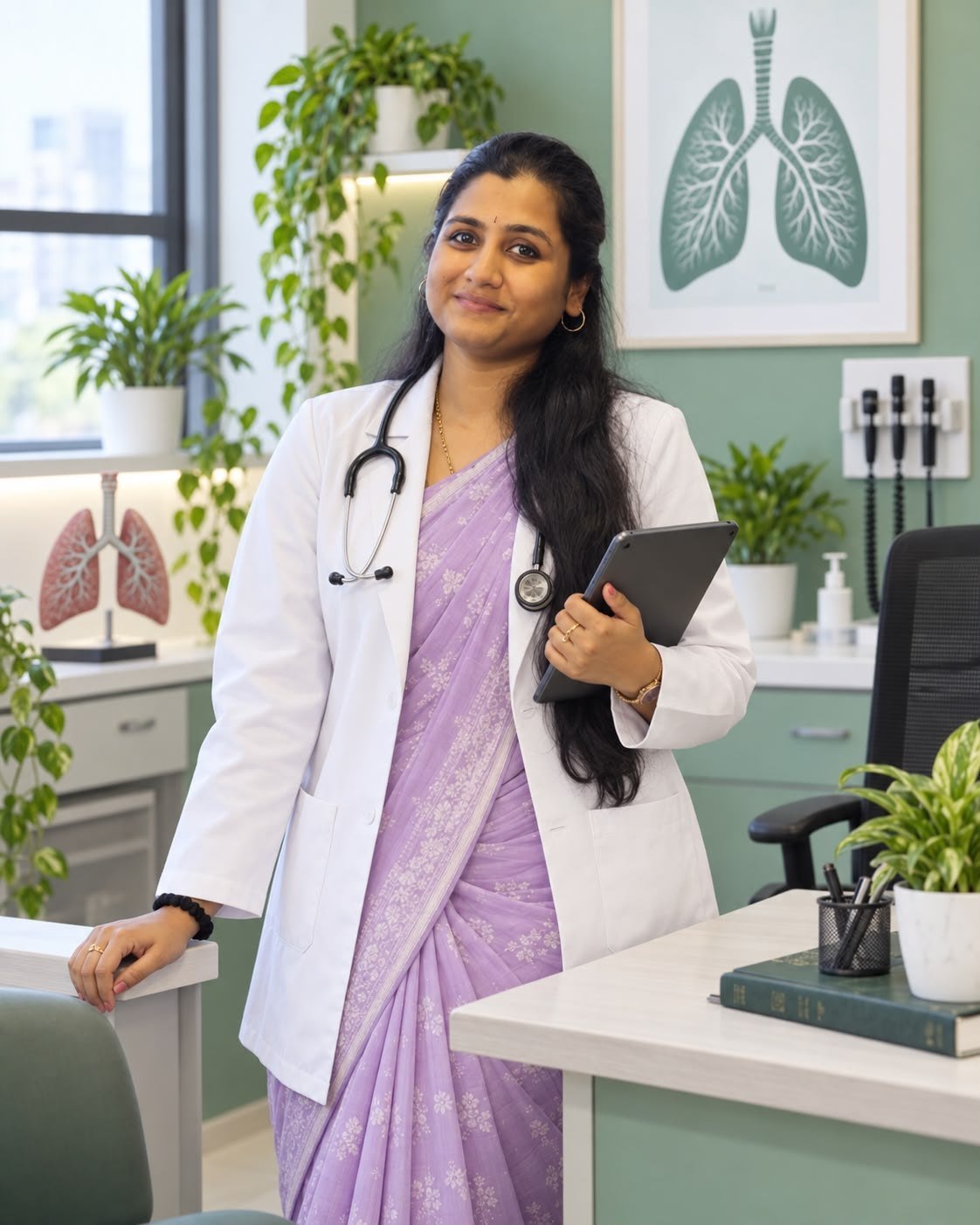 Dr. Pranathi standing in her consulting room, holding a tablet